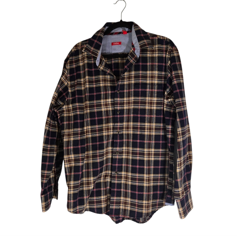 IZOD Men's Sze L Button Down Shirt Blue Check Plaid Long Sleeve 100% Cotton